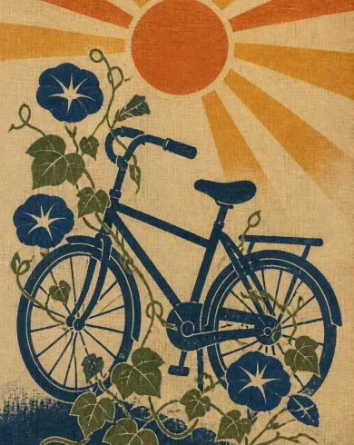 手工型染／防染棉麻作品，描繪停靠的單車、牽牛花與晨光紋樣構成清爽型染布。直式構圖保留清楚主體與真實工藝材質。