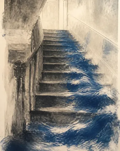 單刷版畫／玻璃版油墨作品，描繪室內樓梯上出現浪痕般的藍色殘墨與潮水記憶。直式構圖保留清楚主體與真實工藝材質。