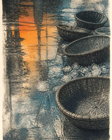 單刷版畫／玻璃版油墨作品，描繪收攤後的魚籃、碎冰與濕地面以透明墨層疊印。直式構圖保留清楚主體與真實工藝材質。