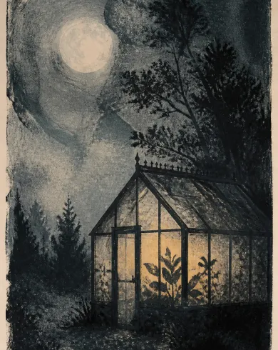 單刷版畫／玻璃版油墨作品，描繪圓月透過舊溫室玻璃與植物輪廓留下濕潤單刷層次。直式構圖保留清楚主體與真實工藝材質。