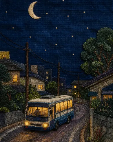 手工刺繡與布貼／舊棉布作品，描繪深藍布上的小巴士、路燈與窗光以粗繡線構成。直式構圖保留清楚主體與真實工藝材質。