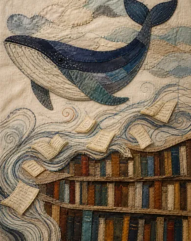 手工刺繡與布貼／舊棉布作品，描繪布製鯨魚漂浮在書架上方，書頁化為繡線波浪。直式構圖保留清楚主體與真實工藝材質。