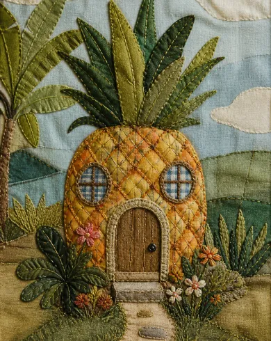 手工刺繡與布貼／舊棉布作品，描繪鳳梨形小屋以格紋布、棉麻與歪斜縫線拼成。直式構圖保留清楚主體與真實工藝材質。