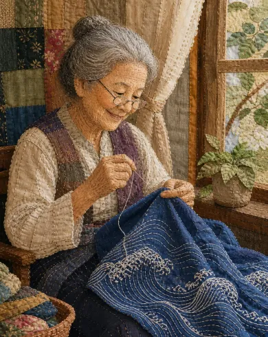 手工刺繡與布貼／舊棉布作品，描繪老奶奶坐在窗邊把藍布與白線縫成一片海。直式構圖保留清楚主體與真實工藝材質。