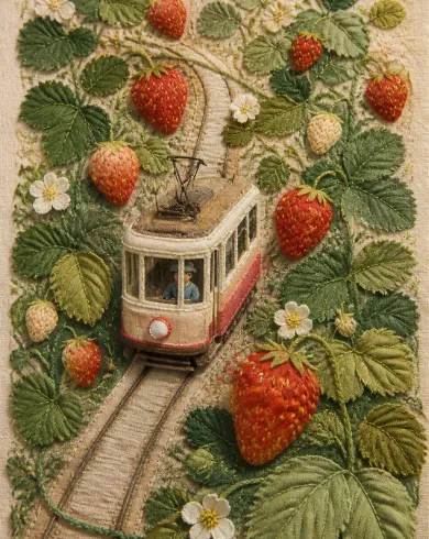 手工刺繡與布貼／舊棉布作品，描繪紅布草莓與綠色繡線沿著一列小電車伸展。直式構圖保留清楚主體與真實工藝材質。