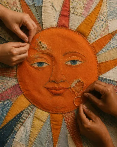 手工刺繡與布貼／舊棉布作品，描繪兩雙手以可見針線修補一塊圓形橘布太陽。直式構圖保留清楚主體與真實工藝材質。