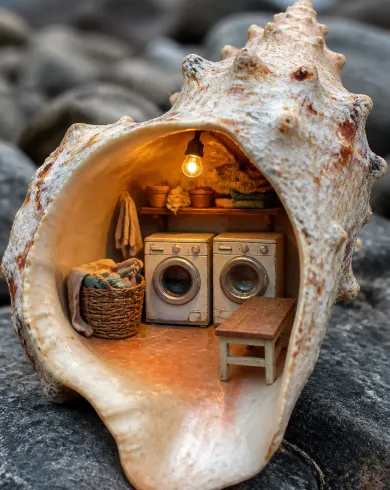 實體微縮模型／自然光攝影作品，描繪大型海螺內搭建一間有微縮洗衣機的溫暖洗衣店。直式構圖保留清楚主體與真實工藝材質。