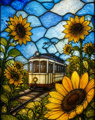 手工馬賽克與彩色玻璃／實體攝影作品，描繪小電車從巨大的向日葵田穿過彩色玻璃窗面。直式構圖保留清楚主體與真實工藝材質。