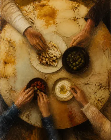 蜂蠟彩畫／木板混合媒材作品，描繪俯視圓桌、四雙手與家常菜被暖色蠟層包覆。直式構圖保留清楚主體與真實工藝材質。