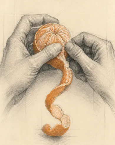 石墨觀察稿／色鉛筆點彩作品，描繪兩隻手剝開橘子的動作以細緻石墨與橘色色鉛筆記錄。直式構圖保留清楚主體與真實工藝材質。