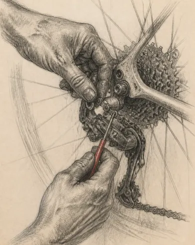 石墨觀察稿／色鉛筆點彩作品，描繪修車者雙手、鏈條與齒盤以精準結構線與油漬擦痕記錄。直式構圖保留清楚主體與真實工藝材質。