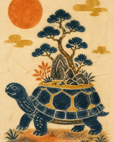 型染／手工和紙作品「背著庭院的龜」，以型染呈現主體、留白與真實手作痕跡。