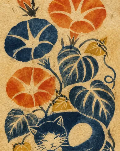 型染／手工和紙作品「牽牛花下的貓」，以型染呈現主體、留白與真實手作痕跡。