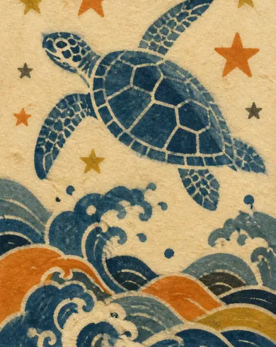 型染／手工和紙作品「海龜越浪」，以型染呈現主體、留白與真實手作痕跡。