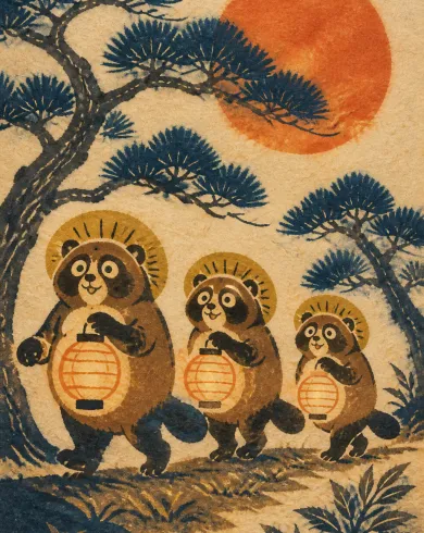 型染／手工和紙作品「狸貓提燈行」，以型染呈現主體、留白與真實手作痕跡。