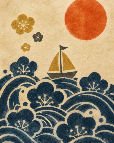 型染／手工和紙作品「梅浪帆影」，以型染呈現主體、留白與真實手作痕跡。