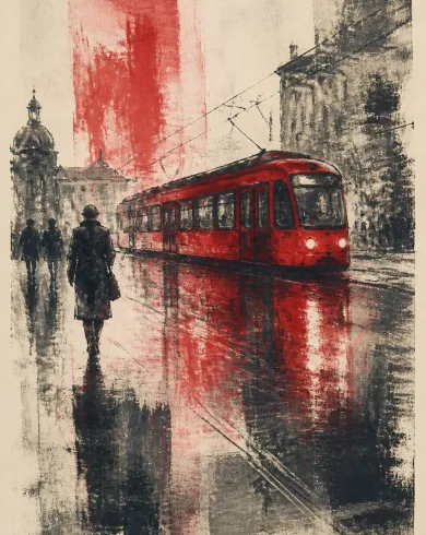 單刷版畫／油墨紙本作品「雨後紅電車」，以單刷版畫呈現主體、留白與真實手作痕跡。