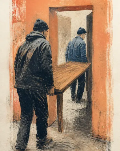 單刷版畫／油墨紙本作品「穿過窄門的桌子」，以單刷版畫呈現主體、留白與真實手作痕跡。