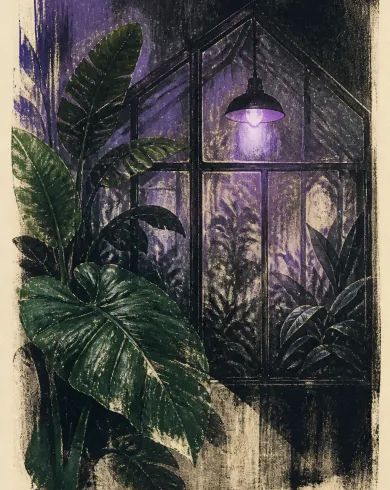 單刷版畫／油墨紙本作品「夜霧溫室」，以單刷版畫呈現主體、留白與真實手作痕跡。