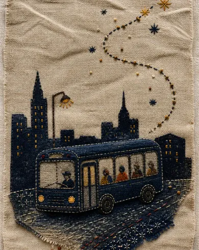 手工刺繡／布貼作品「星路夜班車」，以刺繡布貼呈現主體、留白與真實手作痕跡。