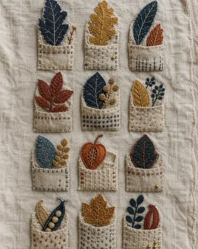 手工刺繡／布貼作品「種子口袋圖書館」，以刺繡布貼呈現主體、留白與真實手作痕跡。