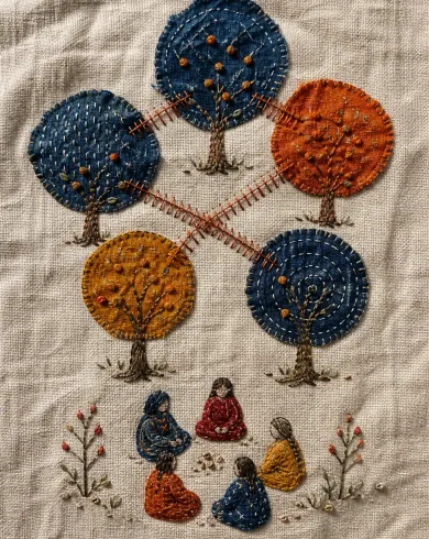 手工刺繡／布貼作品「橘園修補會」，以刺繡布貼呈現主體、留白與真實手作痕跡。