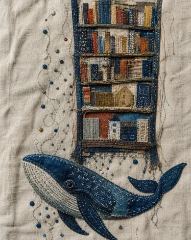 手工刺繡／布貼作品「書架下的藍鯨」，以刺繡布貼呈現主體、留白與真實手作痕跡。