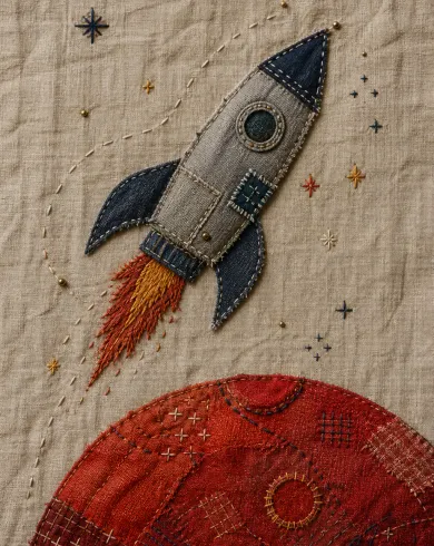手工刺繡／布貼作品「補丁火箭」，以刺繡布貼呈現主體、留白與真實手作痕跡。