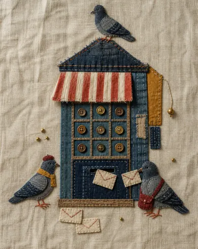 手工刺繡／布貼作品「鴿子郵局」，以刺繡布貼呈現主體、留白與真實手作痕跡。
