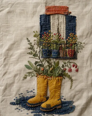 手工刺繡／布貼作品「雨靴花園」，以刺繡布貼呈現主體、留白與真實手作痕跡。