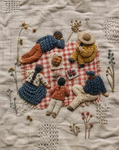 手工刺繡／布貼作品「午後野餐俯視圖」，以刺繡布貼呈現主體、留白與真實手作痕跡。