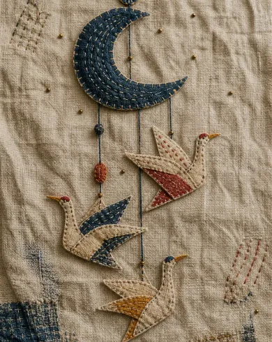手工刺繡／布貼作品「月亮紙鶴吊飾」，以刺繡布貼呈現主體、留白與真實手作痕跡。