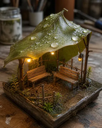 手工微縮模型／微距攝影作品「葉下候雨亭」，以微縮模型呈現主體、留白與真實手作痕跡。