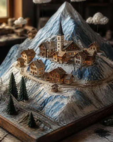 手工微縮模型／微距攝影作品「橡皮擦山村」，以微縮模型呈現主體、留白與真實手作痕跡。