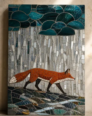 手切玻璃／礦物填縫作品「銀雨紅狐」，以馬賽克玻璃呈現主體、留白與真實手作痕跡。