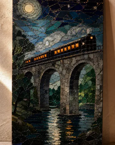 手切玻璃／礦物填縫作品「高架夜列車」，以馬賽克玻璃呈現主體、留白與真實手作痕跡。