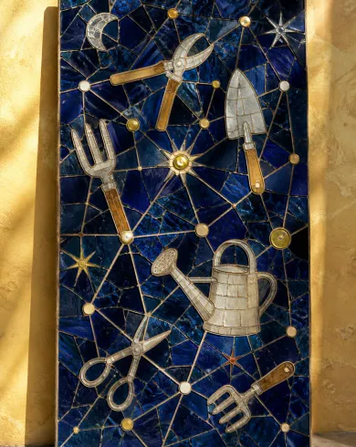 手切玻璃／礦物填縫作品「園具星座」，以馬賽克玻璃呈現主體、留白與真實手作痕跡。