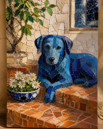 手切玻璃／礦物填縫作品「階上藍犬」，以馬賽克玻璃呈現主體、留白與真實手作痕跡。
