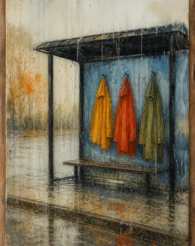 蜂蠟彩畫／木板作品「候車亭雨衣」，以蜂蠟彩畫呈現主體、留白與真實手作痕跡。