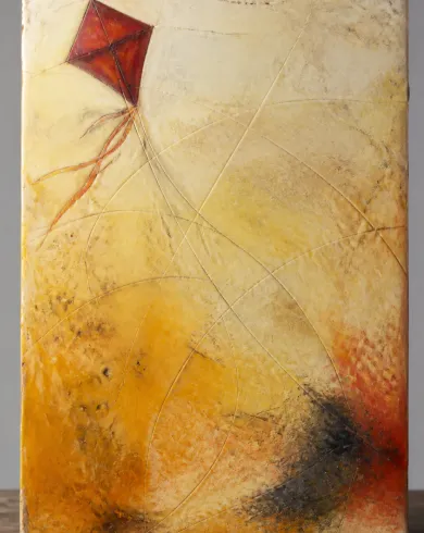 蜂蠟彩畫／木板作品「風的紅風箏」，以蜂蠟彩畫呈現主體、留白與真實手作痕跡。