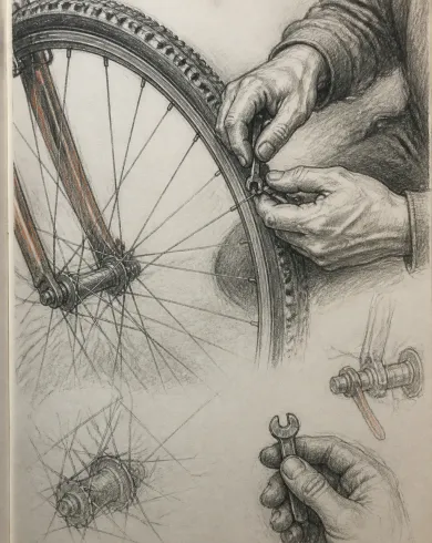 石墨觀察稿／色鉛筆作品「單車輪校正」，以鉛筆觀察稿呈現主體、留白與真實手作痕跡。