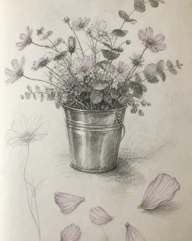 石墨觀察稿／色鉛筆作品「花桶分枝筆記」，以鉛筆觀察稿呈現主體、留白與真實手作痕跡。