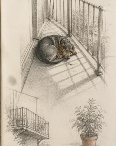 石墨觀察稿／色鉛筆作品「陽台午睡犬」，以鉛筆觀察稿呈現主體、留白與真實手作痕跡。