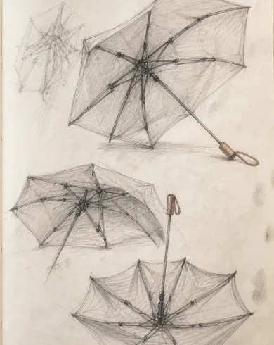 石墨觀察稿／色鉛筆作品「半開雨傘結構」，以鉛筆觀察稿呈現主體、留白與真實手作痕跡。