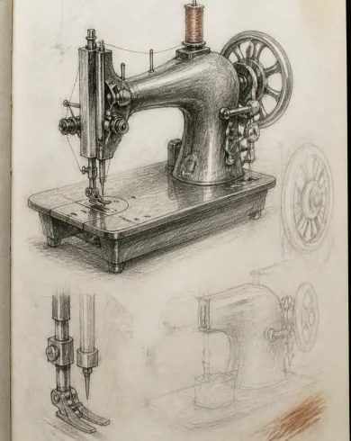 石墨觀察稿／色鉛筆作品「桌上縫紉機」，以鉛筆觀察稿呈現主體、留白與真實手作痕跡。