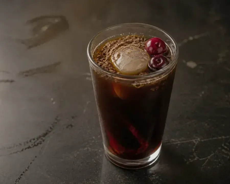 Black Forest Cold Brew, a finished Rhine Coffee drink photographed on a dark wooden table
