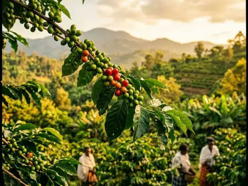 Green coffee cherries in an Ethiopian growing region