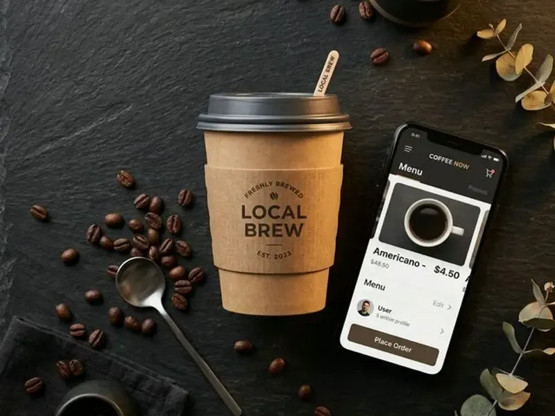 A takeaway coffee cup next to a phone showing a delivery app