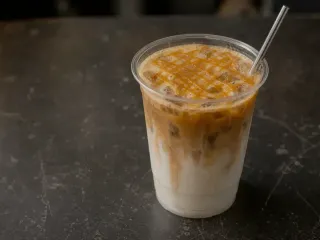 萊茵咖啡 焦糖瑪奇朵，完成後的飲品成品照