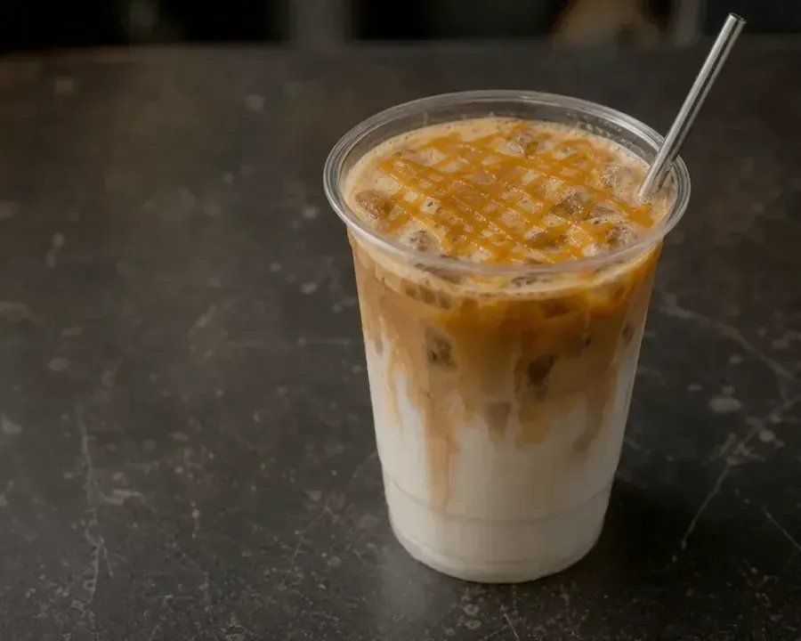 Caramel Macchiato, a finished Rhine Coffee drink photographed on a dark wooden table